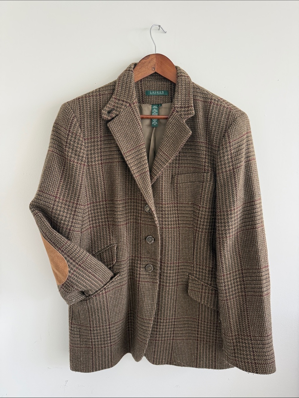 Ralph Lauren Brown Plaid Wool-Blend Blazer with Elbow Patches